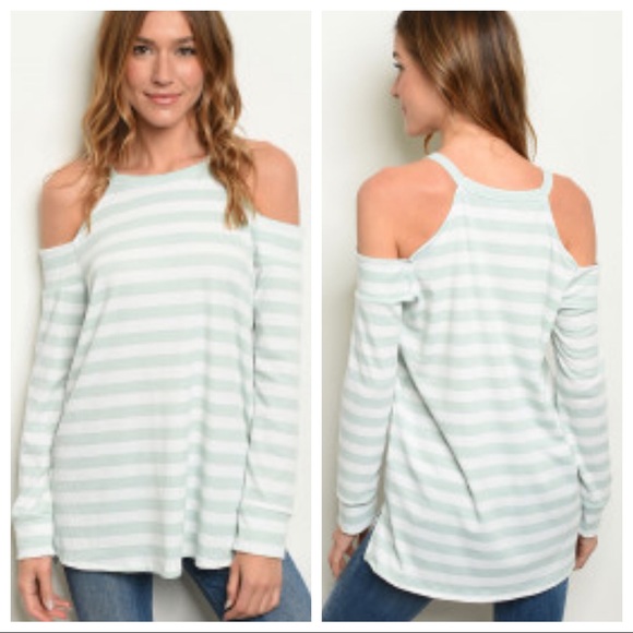 Mint Green & White Striped Cold Shoulder Top - Picture 7 of 7